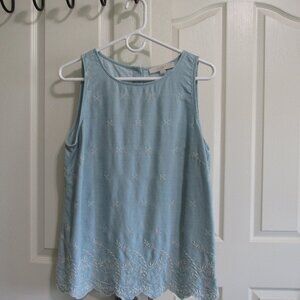 Chambray Blue Loft Tank Top With White Embroidery Size Medium